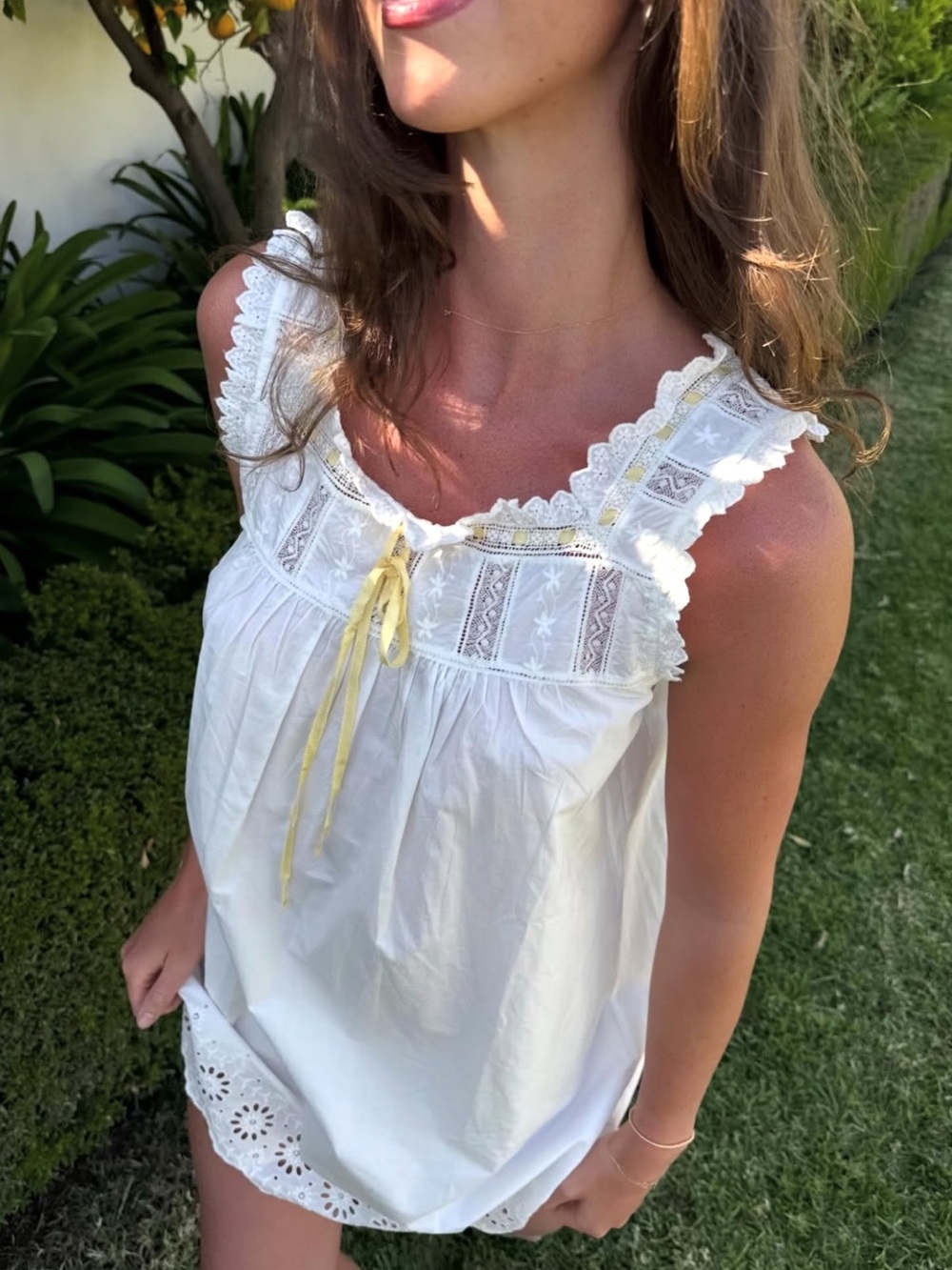 Doen Patience Cotton Poplin Lace Eyelet Ruffle Bow Mini Dress Salt White Yellow